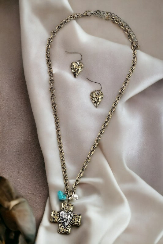 Heart Accent Cross Pendant Necklace Set