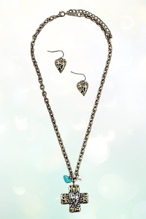 HEART CENTERED CROSS PENDANT NECKLACE AND HEART DANGLE EARRING SET