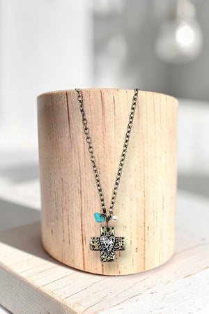 HEART CENTERED CROSS PENDANT NECKLACE AND HEART DANGLE EARRING SET
