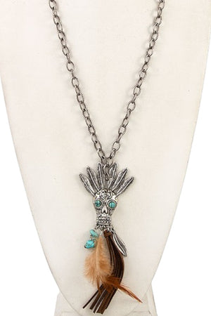 Skull Tassel Feather Long Necklace Set