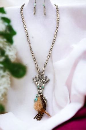 Skull Tassel Feather Long Necklace Set