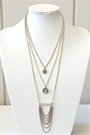 ETCHED COIN CHAIN TASSEL LONG LAYERED NECKLACE AND ROUND POST EARRING SET
