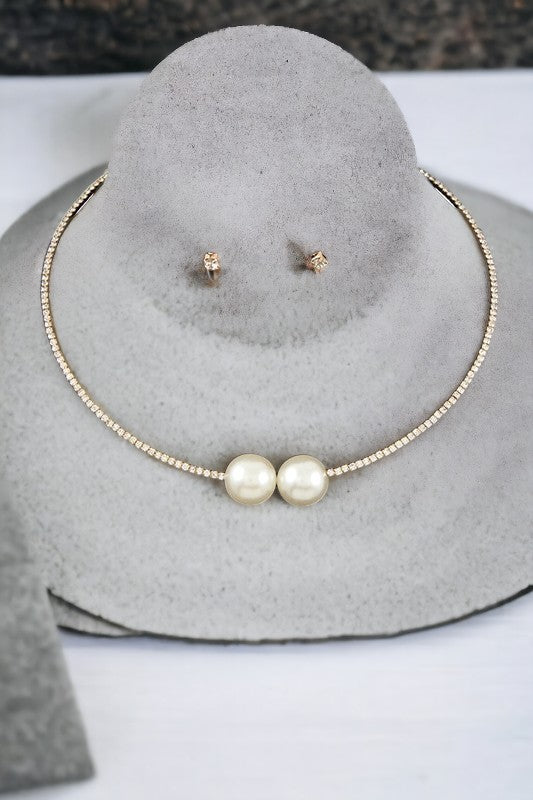 Rhinestone Pave Pearl Tip Collar Necklace Set