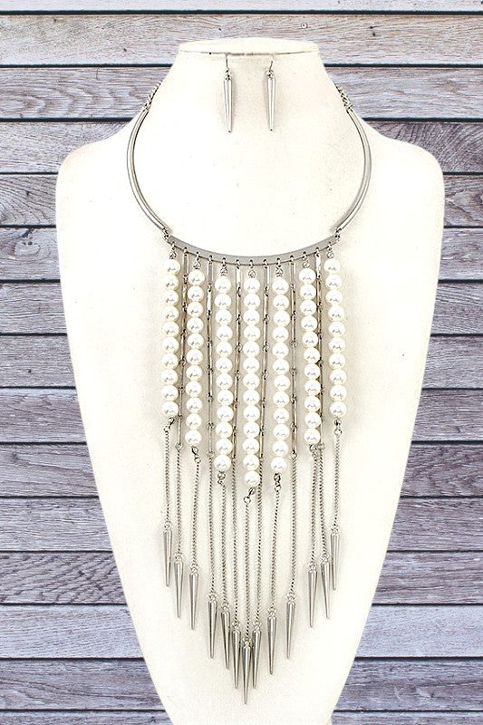 FRINGE BAR AND PEARL COLLAR NECKLACE SET