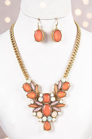 FACETED CRYSTAL GEM BIB NECKLACE AND EARRING SET