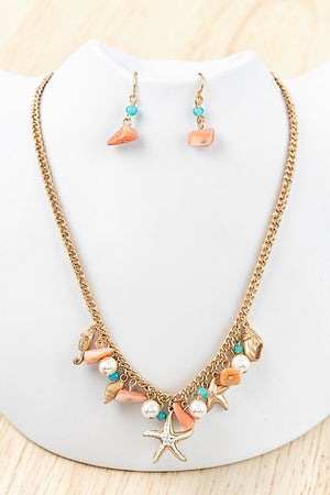 SEA LIFE PEARL GEMBEAD CHARMS DANGLE CHAIN NECKLACE AND GEM BEADS DROP EARRING