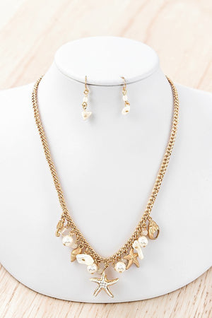 SEA LIFE PEARL GEMBEAD CHARMS DANGLE CHAIN NECKLACE AND GEM BEADS DROP EARRING