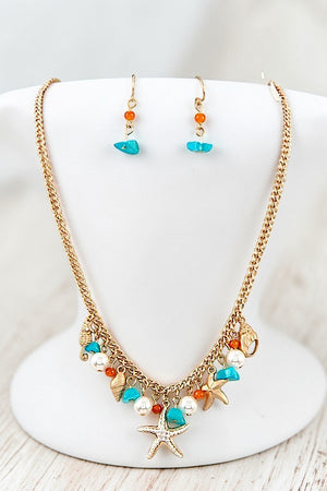 SEA LIFE PEARL GEMBEAD CHARMS DANGLE CHAIN NECKLACE AND GEM BEADS DROP EARRING