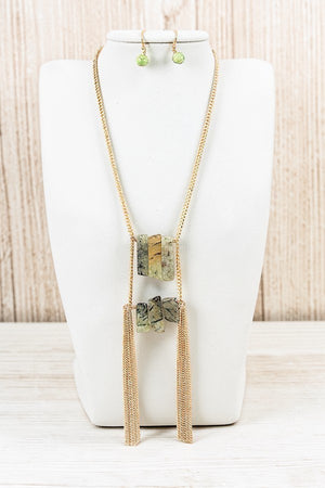 DROP STONES LINK CHAIN TASSEL ACCENT LONG NECKLACE AND BALL BEAD DANGLE EARRING SET