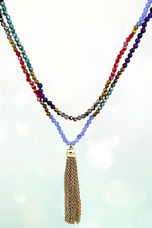 Layered Semi Precious Beads Cord Tassel Necklace