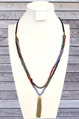 Layered Semi Precious Beads Cord Tassel Necklace