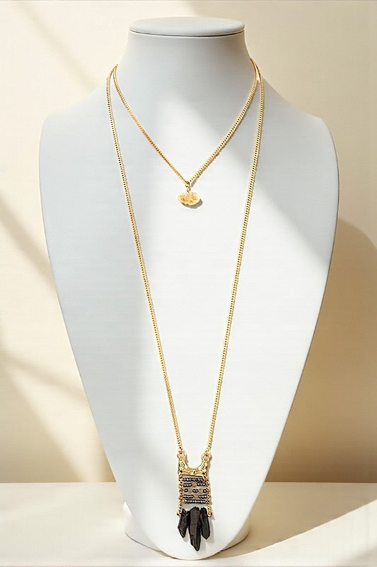 GEM PENDANT AND BEADS LAYERED NECKLACE