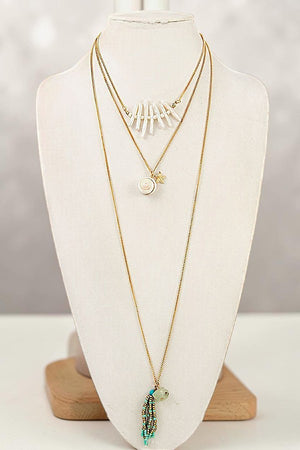BEADED TASSEL SHELL PEARL PENDANT TRIPLE LAYERED NECKLACE