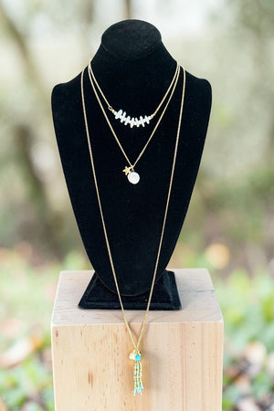BEADED TASSEL SHELL PEARL PENDANT TRIPLE LAYERED NECKLACE