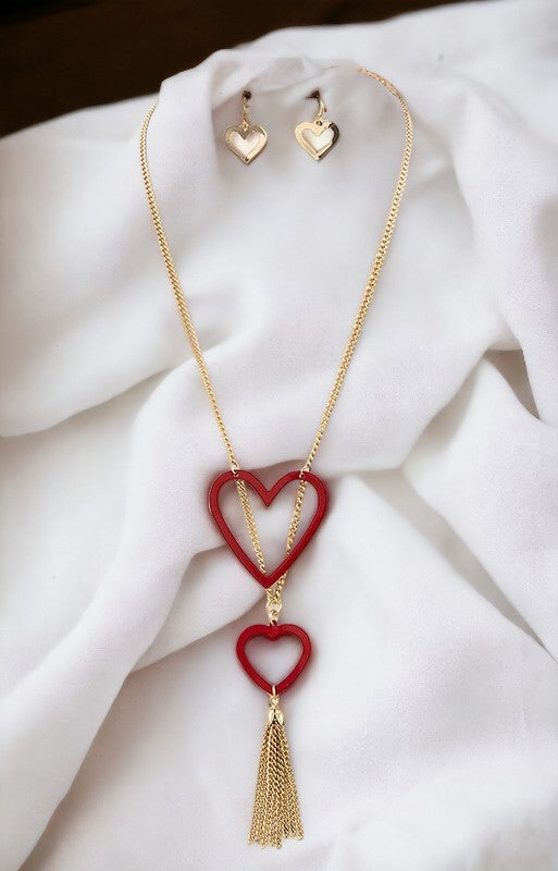 Double Link Heart Tassel Necklace Set