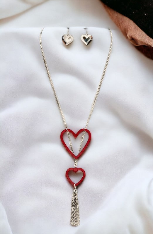 Double Link Heart Tassel Necklace Set