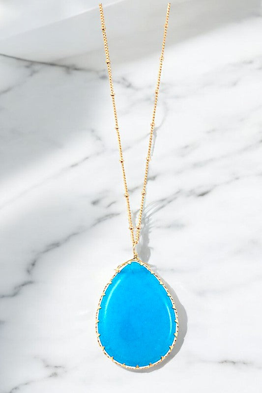 FRAMED TEARDROP GEMSTONE LONG NECKLACE