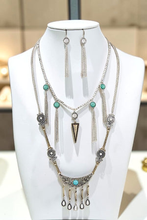 LAYERED DROP CHAIN TASSEL CHARMS STATEMENT NECKLACE SET