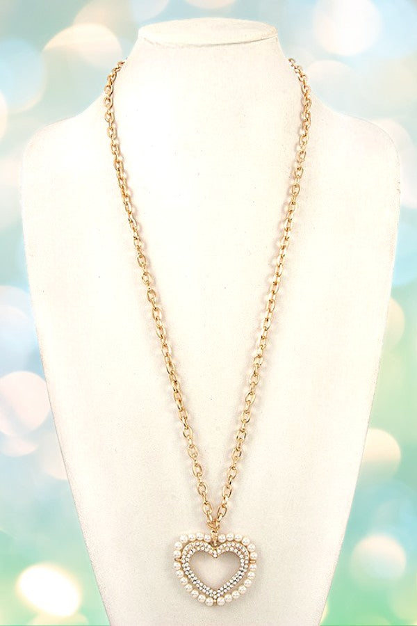 Rhinestone Pearl Heart Pendant Chain Necklace
