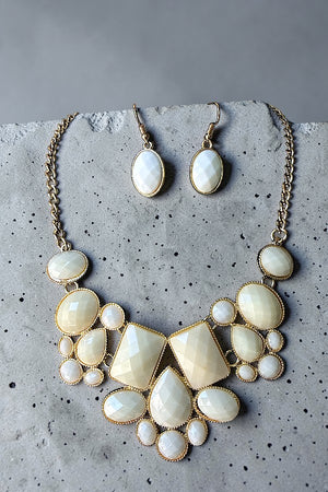 FACETED MULTI SHAPE FRAMED GEMSTONE LINK BIB NECKLACE AND EARRING SET