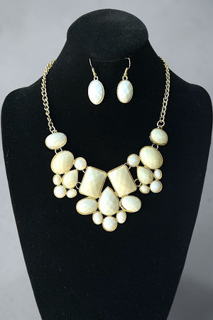 FACETED MULTI SHAPE FRAMED GEMSTONE LINK BIB NECKLACE AND EARRING SET