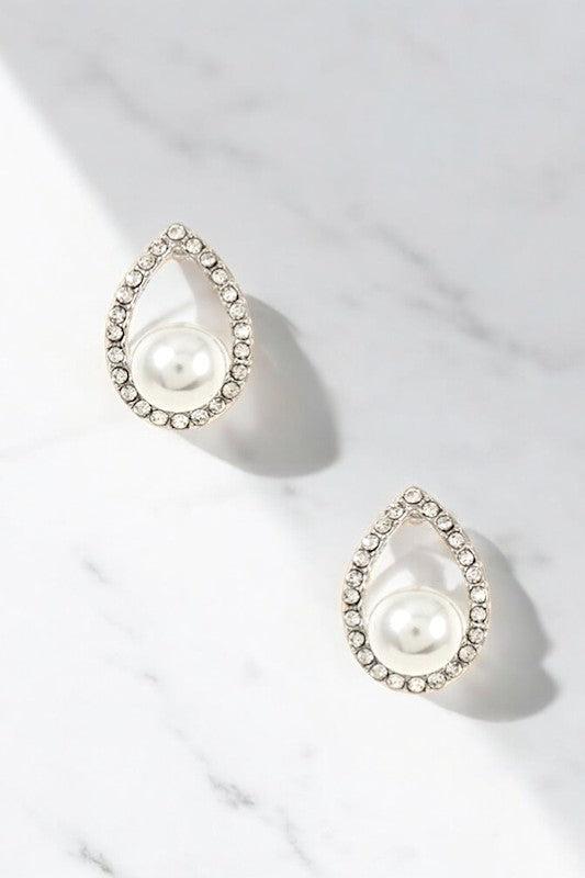 TEARDROP RHINESTONE PEARL POST EARRING