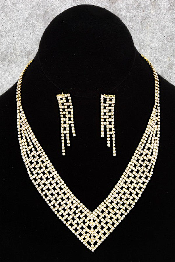 RHINESTONE PAVE V SHAPE NECKLACE SET