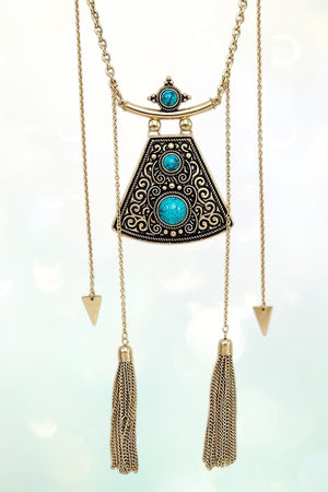 TRIBAL THEME ETCHED GEM PENDANT TASSEL NECKLACE AND MATCHING GEM DANGLE EARRING SET