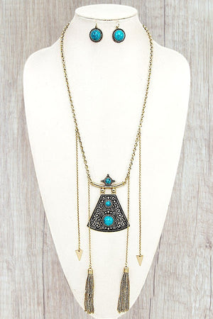 TRIBAL THEME ETCHED GEM PENDANT TASSEL NECKLACE AND MATCHING GEM DANGLE EARRING SET