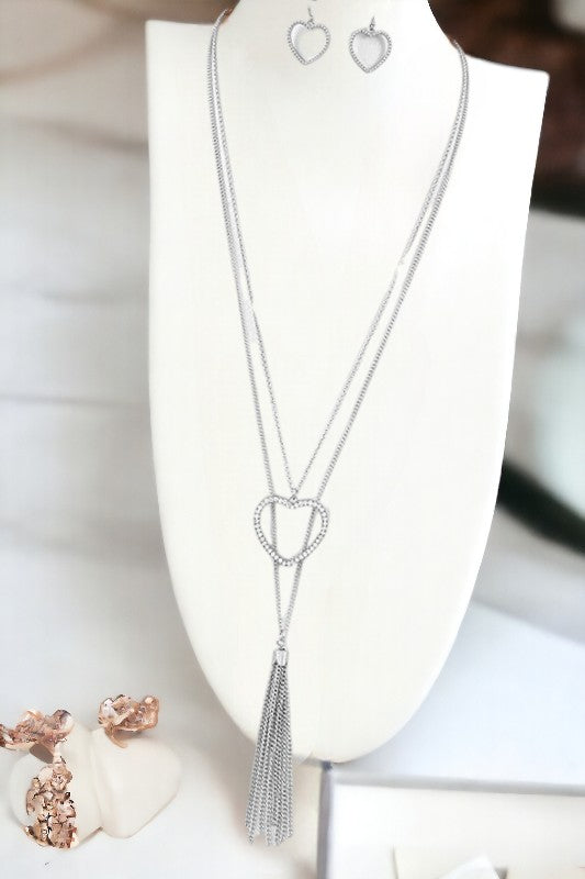 Rhinestone Heart Tassel Long Necklace Set