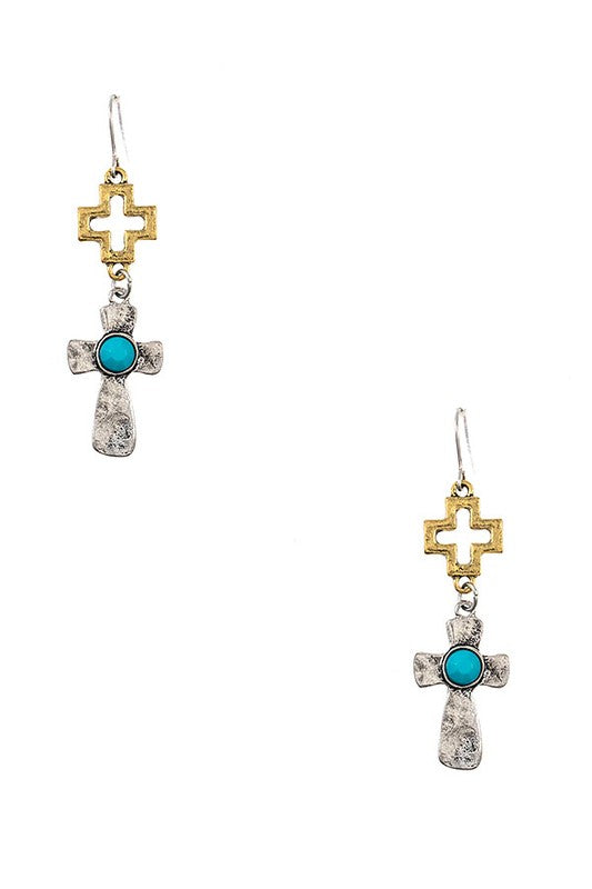 TWO TONE CROSS DANGLE EARRING