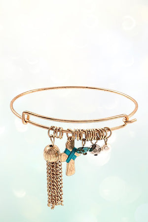 CROSS CHAIN TASSEL BALL BEADS CHARMS DANGLE WIRE BANGLE BRACELET