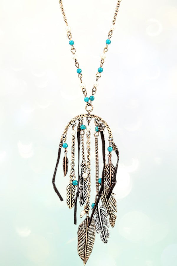 ELONGATED LEAF ETCHED DANGLE PENDANT NECKLACE