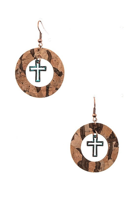 CORK RING CROSS DANGLE EARRING