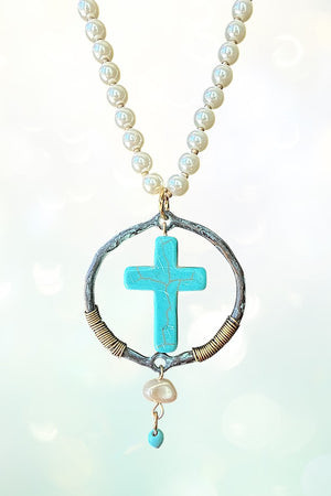 PEARL BEAD CROSS PENDANT NECKLACE EARRING SET