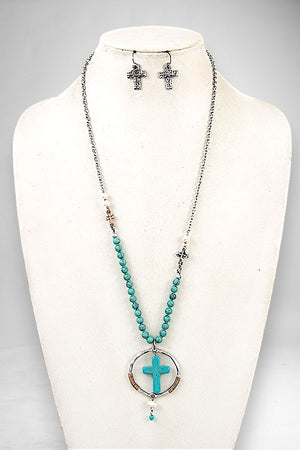 PEARL BEAD CROSS PENDANT NECKLACE EARRING SET