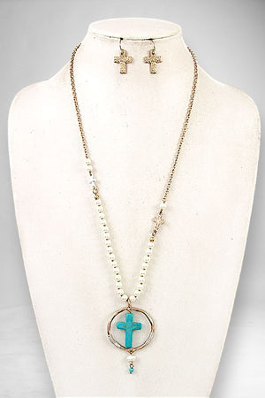 PEARL BEAD CROSS PENDANT NECKLACE EARRING SET