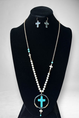 PEARL BEAD CROSS PENDANT NECKLACE EARRING SET
