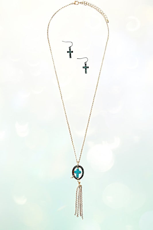 Cross Accent Pendant Chain Tassel Necklace Set