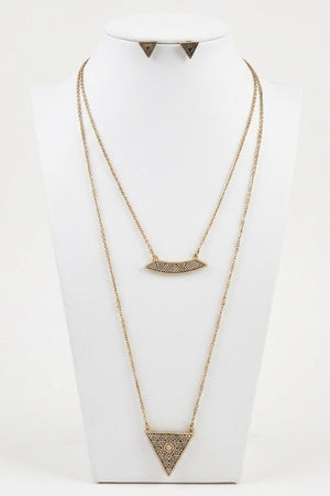 TRIANGLE ETCHED PENDANT DOUBLE LAYER NECKLACE AND EARRING SET