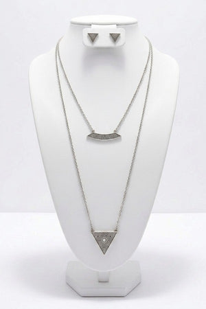 TRIANGLE ETCHED PENDANT DOUBLE LAYER NECKLACE AND EARRING SET