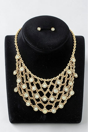 ROUND GEMSTONES ACCENT NET CHAIN BIB NECKLACE AND GEM POST EARRING SET