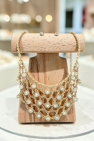 ROUND GEMSTONES ACCENT NET CHAIN BIB NECKLACE AND GEM POST EARRING SET