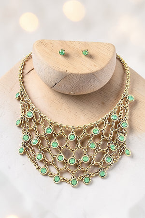 ROUND GEMSTONES ACCENT NET CHAIN BIB NECKLACE AND GEM POST EARRING SET