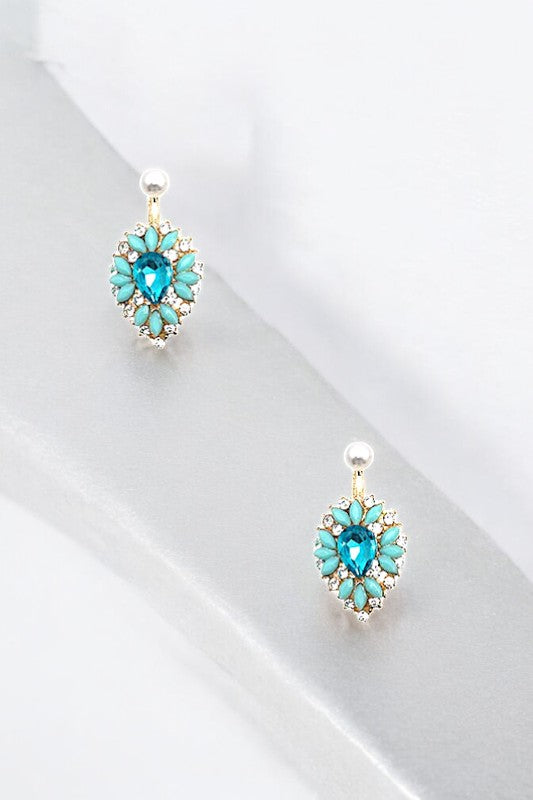 RHINESTONE SEMI FLORAL PEARL POST EARRING