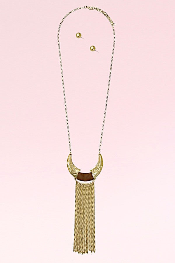 Elongated Curved Pendant Tassel Necklace Set