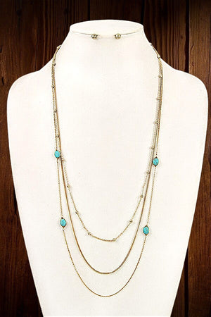 INTERCHANGEABLE GEM BEAD STATIONED LAYERED NECKLACE EARRING SET