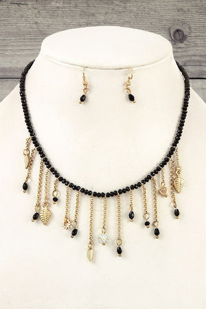 GLASS BEAD LEAF CHARMS CHAIN DANGLE NECKLACE EARRING SET