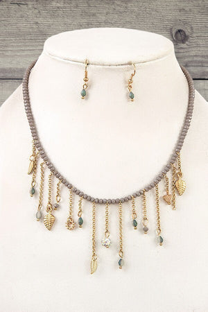 GLASS BEAD LEAF CHARMS CHAIN DANGLE NECKLACE EARRING SET