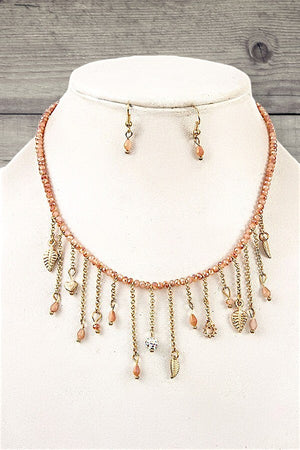GLASS BEAD LEAF CHARMS CHAIN DANGLE NECKLACE EARRING SET